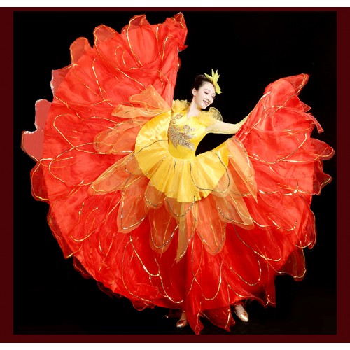 Women red pink petals flamenco dance dresses stage performance spanish bull dance skirts paso double ballroom dance dresses for female